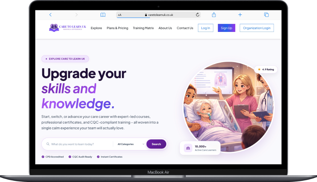 Care To Learn UK platform course catalog and live training matrix interface
