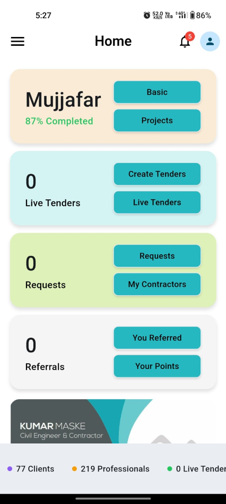 Constroplus App Home Dashboard with Tenders, Requests, and Referrals