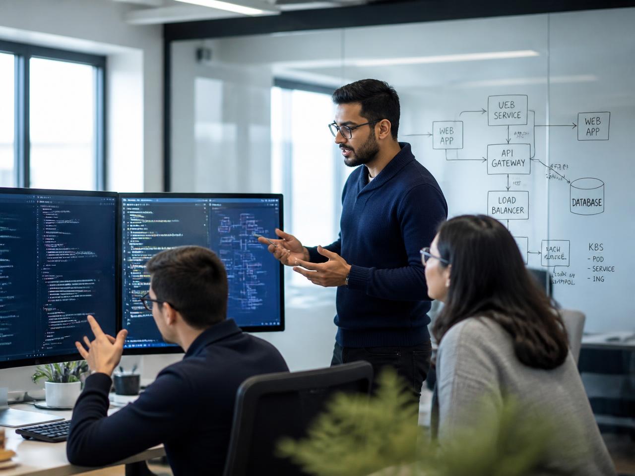 Bugbattlers engineers reviewing a system architecture diagram together