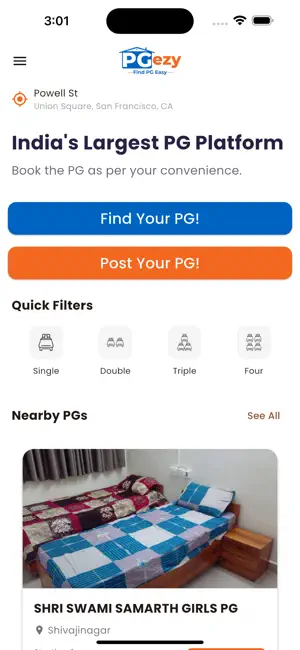 PGezy App Home Screen with Quick Filters and Nearby PGs