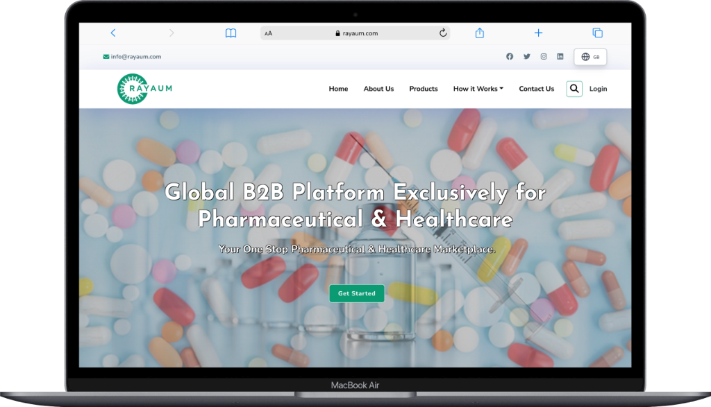 Rayaum global B2B pharmaceutical marketplace website interface